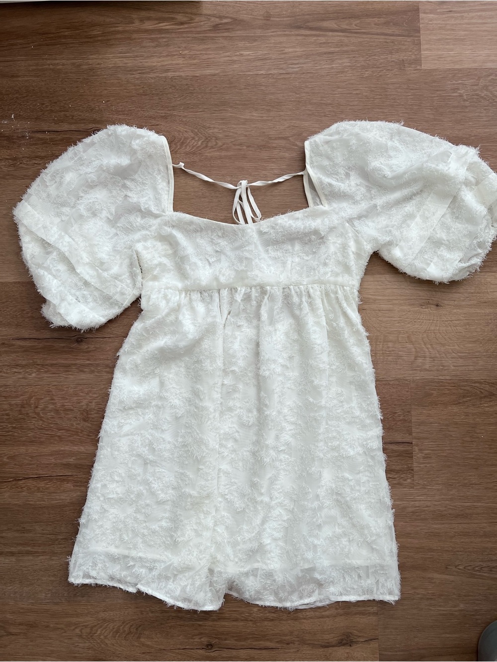 White Puff Sleeve Textured Babydoll Dress
